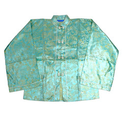 Vintage 50s Brocade Silk Tang Jacket Sz Sm Garden Scene Turquoise NEWLOOK Label