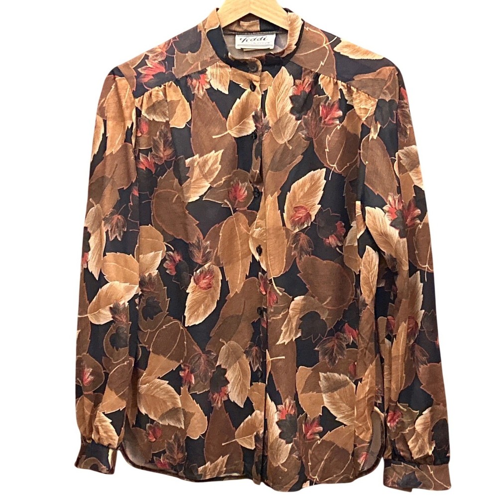 Vintage 80,s Teddi of California Leaf Print Blouse Dark Academia Autumnal Retro