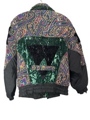 Vintage East West Paisley Puffer Jacket Size M Multicolor Velvet Trim 80s 90s