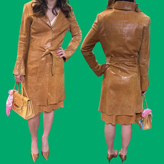 Vintage Leather Jacket Skirt Set Womens S 4 Camel Cutwork Floral Belted