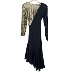 Vtg 80s Susan Roselli Vijack Black Gold Sequin Dress Asymmetrical Ruching XS S