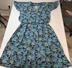 Vintage Orlean de Paris Teal Floral Womens XL 17/18 Midi Dress 80s Shoulder Pads