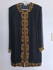 Vintage sz XL black, long formal jacket in black & gold beading. See description