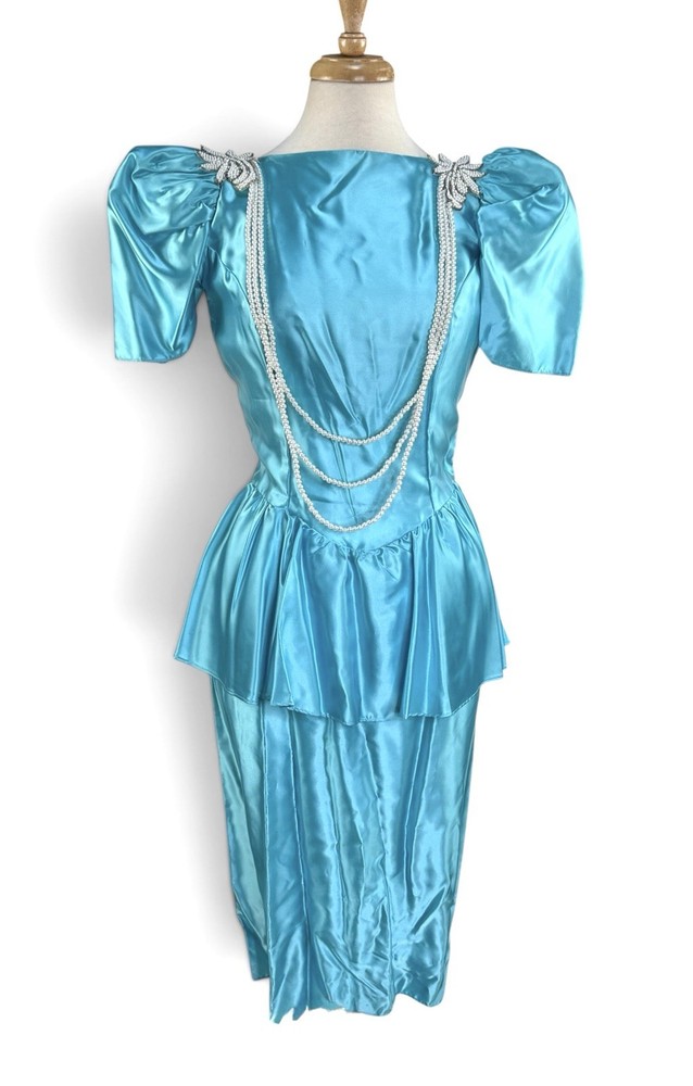 VNTG 80s Alfred Angelo Blue Satin Gown Dress Puff Sleeves Appliqués Faux Pearl