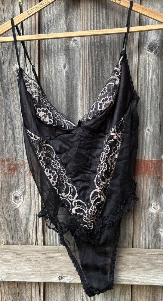 Y2K Vintage Midnight Hour Lingerie Teddy Black Beige Lace Deep v Neck Size L