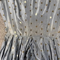 Vintage 50s Fit Flare Novelty Print Dress Blue Grey Silk Study Restoration Piece