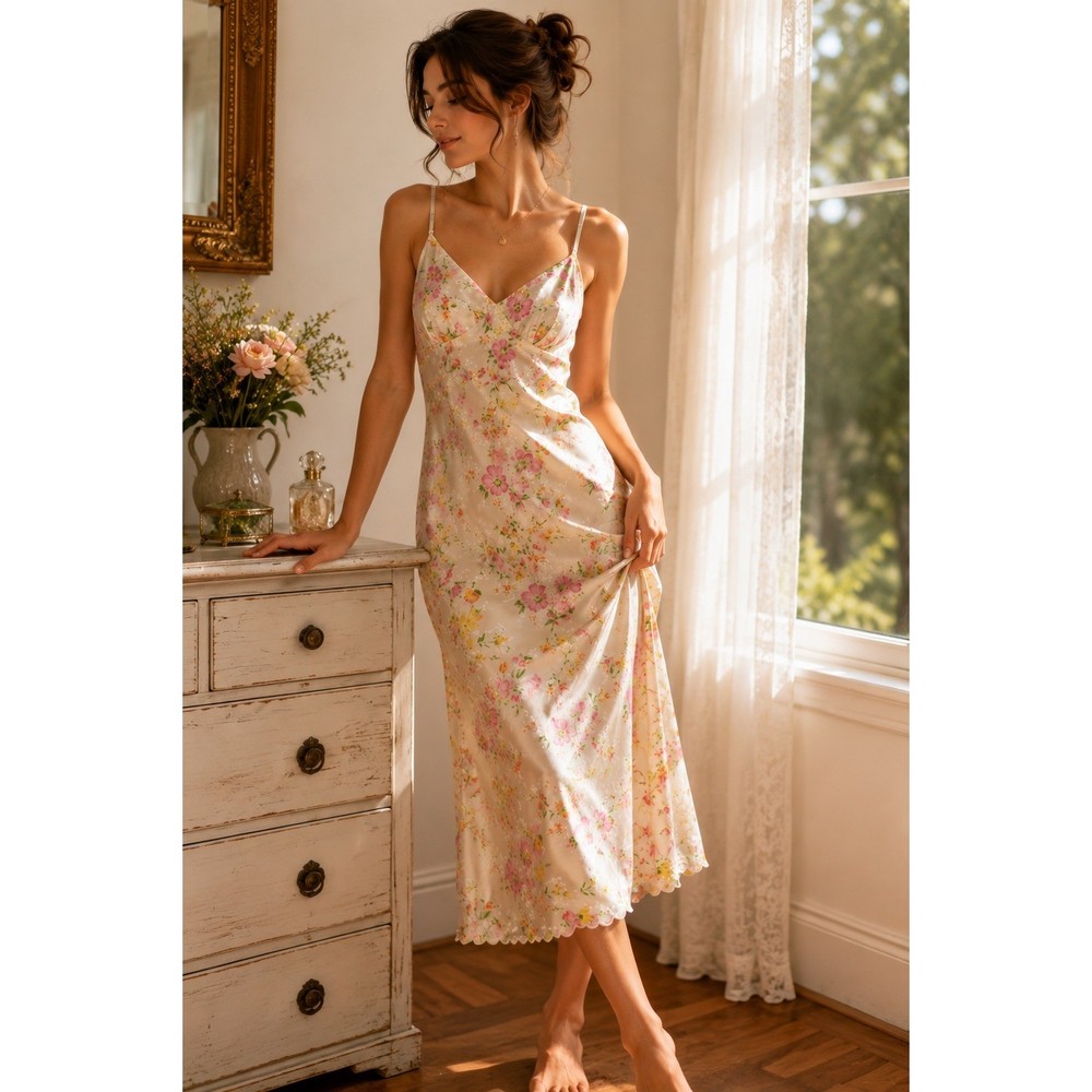 NWT Vintage 1960s Satin de Lys Silk Blend Floral Slip Dress M Cottage Made USA