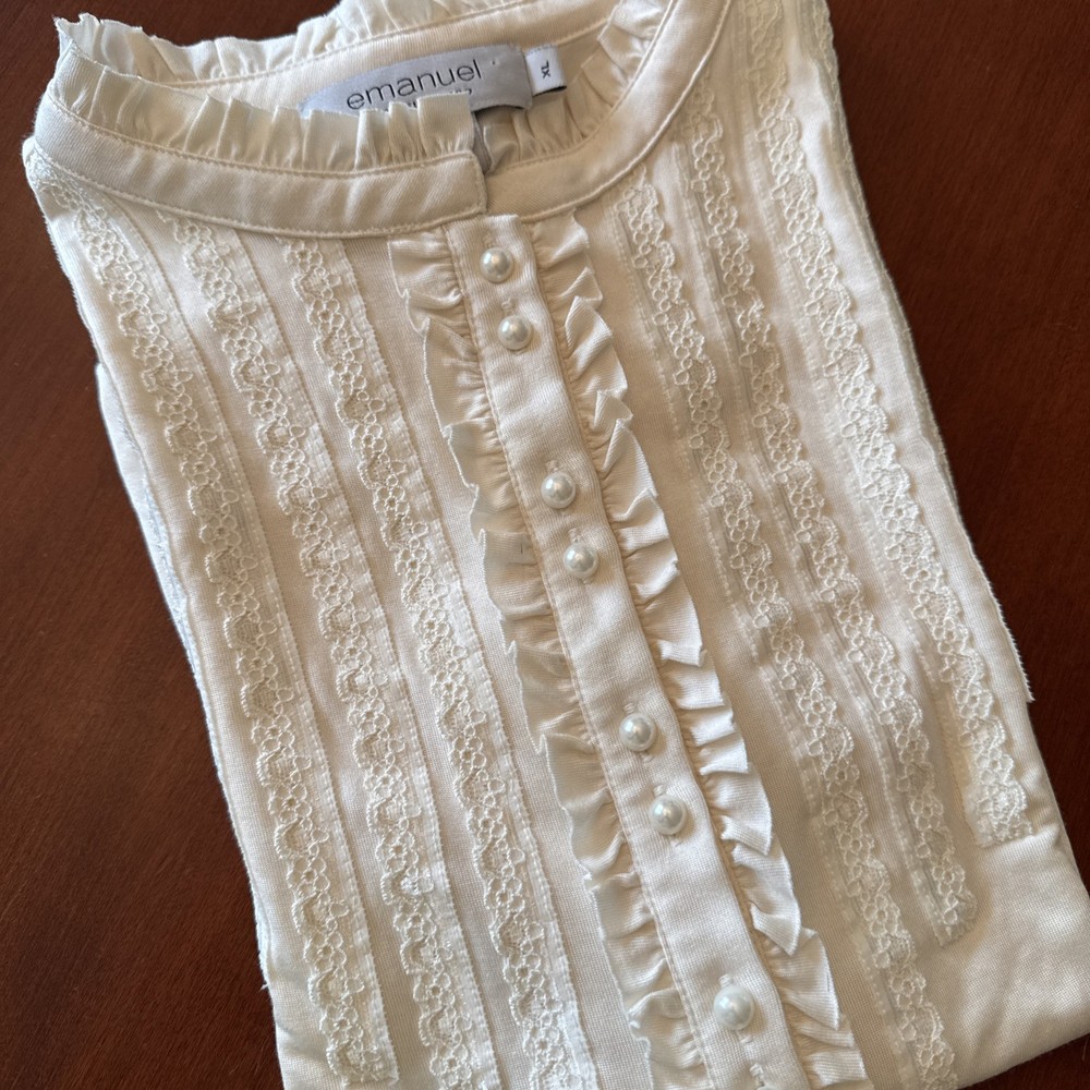 Vintage 90s Emanuel Ungaro White Silk Knit Lace Blouse Size XL Pearl Buttons NWT