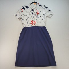 Lady Carol Dress Womens M Blue White Vintage Pussy Bow Floral Midi Short Sleeve