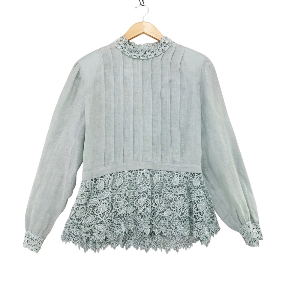 Vintage Cloak of Many Colors Blouse 16 Sage Green Linen Lace Pleated Peplum