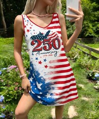 DUTUT Women 4th of July Dresses Patriotic American Flag Sleeveless Shirt Dress S