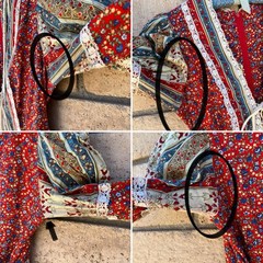 Gunne Sax Prairie Maxi Dress Red Floral Corset Lace Cottagecore Size 11 Vintage
