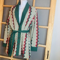 VTG Retro 70’s Women’s Red Green Cream Long Sweater Coat No Labels With Belt