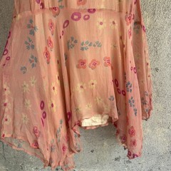 Antique 1920s Pink Silk Chiffon Dress Sweet Floral Print Asymmetrical Vintage