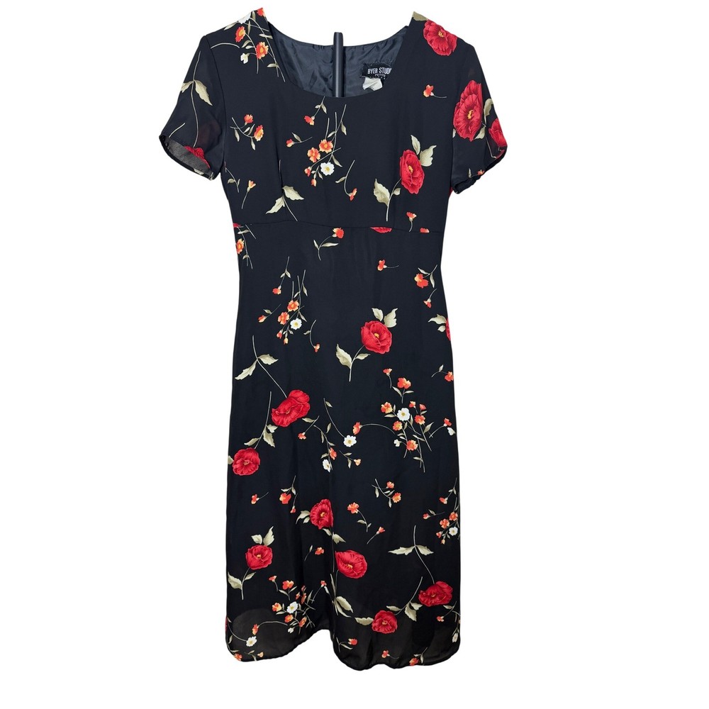 Byer Studio California Vintage Petite Black Red Poppy Floral Empire Maxi Dress