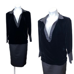 Vintage Gucci Pencil Skirt & Deep-V Neck Sexy Velvet Blouse Set Satin Work Wear