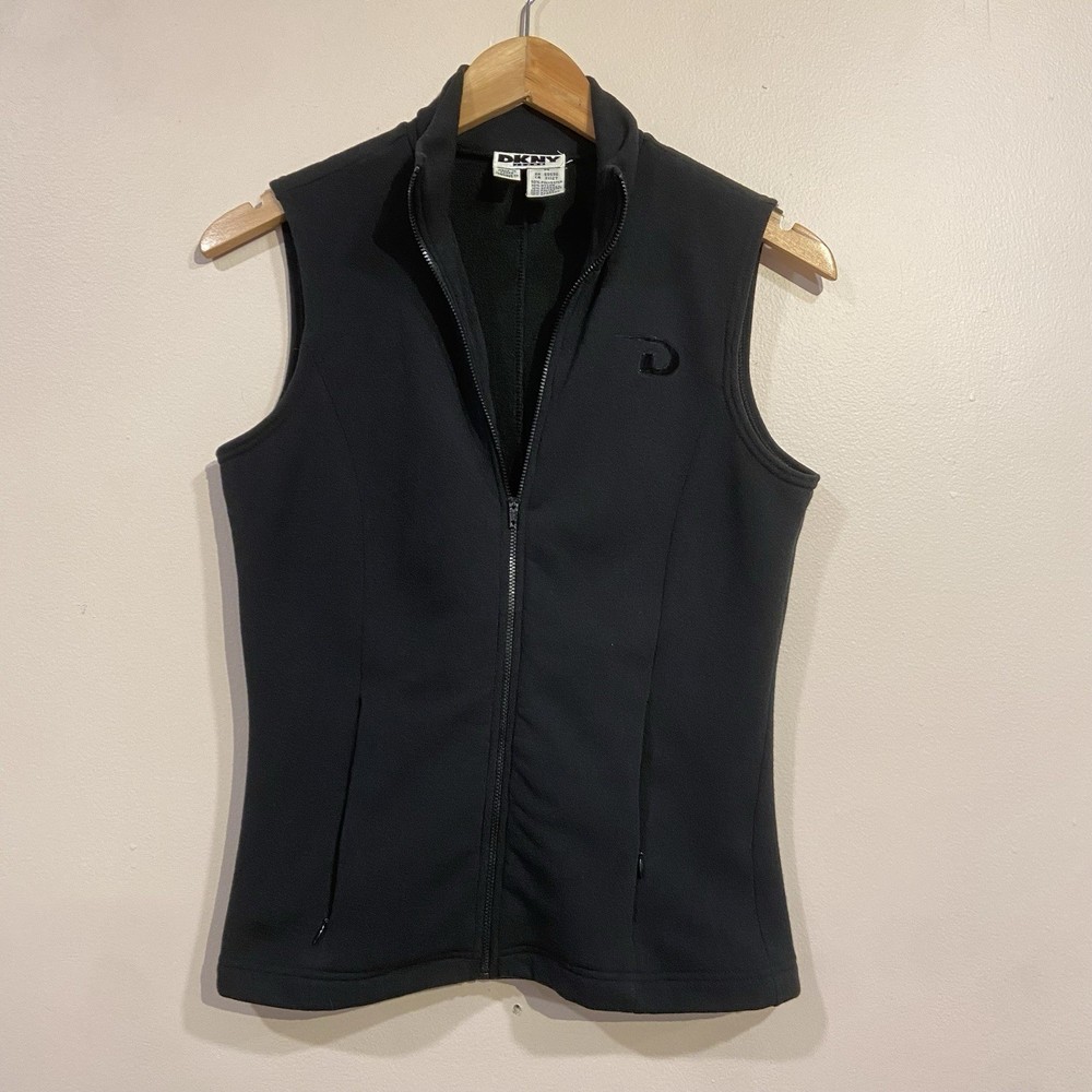 1990s DKNY Jeans Vest Zip Up Medium Raver Vintage Black BodyCon Fleece Athletic