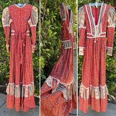 Gunne Sax Prairie Maxi Dress Red Floral Corset Lace Cottagecore Size 11 Vintage