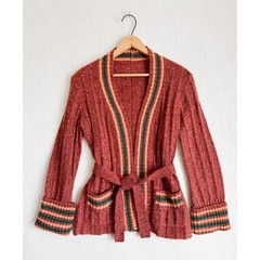 Vintage Rust Red Tweed Knit Belted Cardigan Striped Trim Dark Academia Sweater
