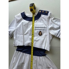 Vintage Nautical White Navy Blue Short Sleeve Midi Dress Gold Crest Buttons M
