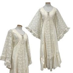 Vintage 1970s Angel Sleeve Ivory Lace Cottagecore Style Maxi Dress Cutout Label