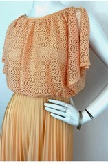 70s JC Penney Cottage Core Maxi Dress Size Small Peach Prairie Ruffle Pleat Lace