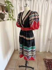 Vtg 70s Victor Costa Ltd. Cotton Tribal Seminole Print Dress Puff Sleeve sz 4-8