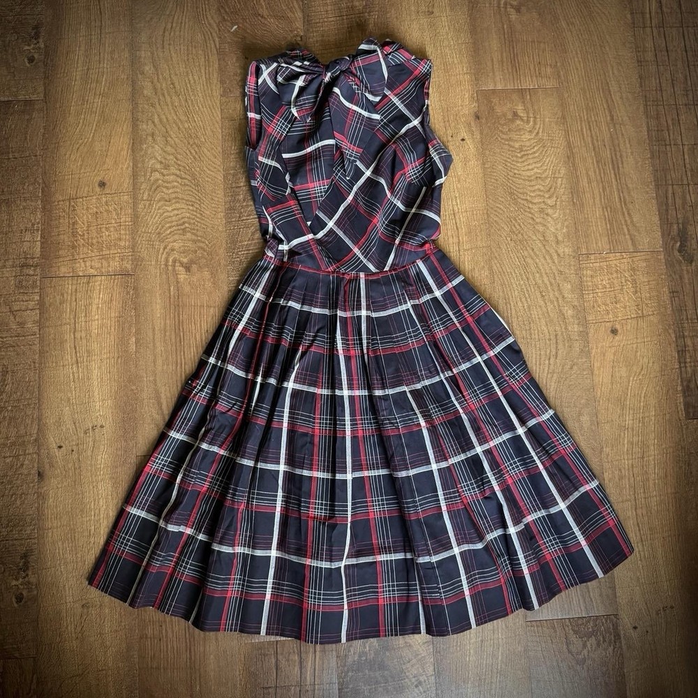 Vintage 1950s Black Red Tartan Plaid Dress Neck Tie Sleeveless Fit Flare XS