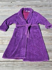 Vintage Purple Polka Dot Terry Cloth Bathrobe Robe Belted Shawl Collar Cotton