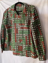 Vintage 60/70’s Tunic Blouse Women’s, Olive Green & Red White Geo Print, L, EUC