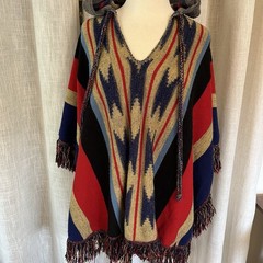 Vtg 70’s Aztec Boho Cuddle Knit Hooded Fringed Poncho One Size Southwest Western