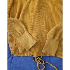 Vince Camuto Mustard Yellow Knit Sweater Large Lace Back Pointelle Cottagecore