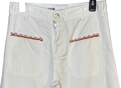 Vintage 70s White Jeans Floral Appliques Wide Bell Bottoms Vintage Trim 31/32