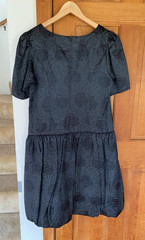 Vintage 80 Black Short Sleeve Dress Bow Puff Rose Print Prom Midi Size 10-12