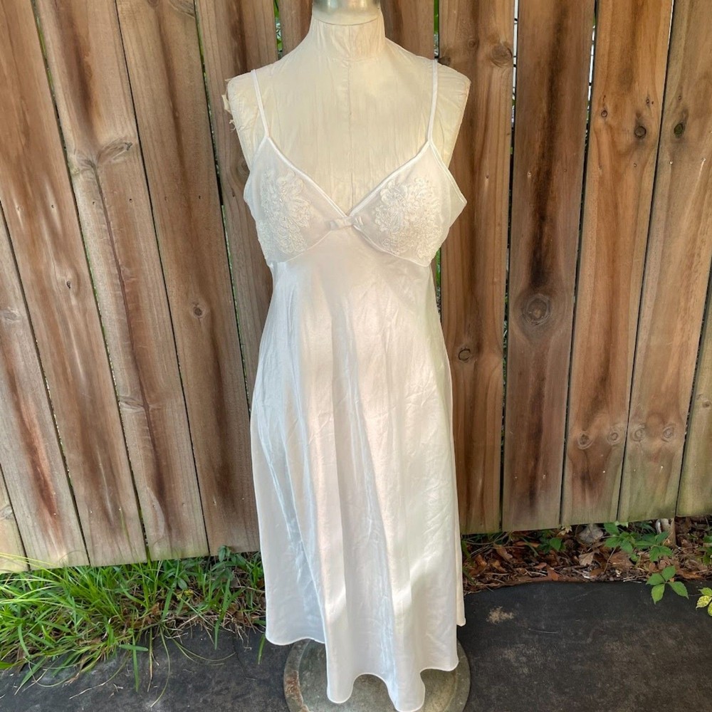 Vintage DENTELLE Off White Satin Bridal Slipdress GOWN Lace Pearls Sheer M