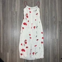 Vintage Y2K White Dress w/ Red Poppy Floral Design & Beaded Straps – SIZE 10