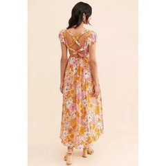 Kachel Floral Cotton Midi Dress Smocked Puff Sleeve Open Back Size M boho 70s
