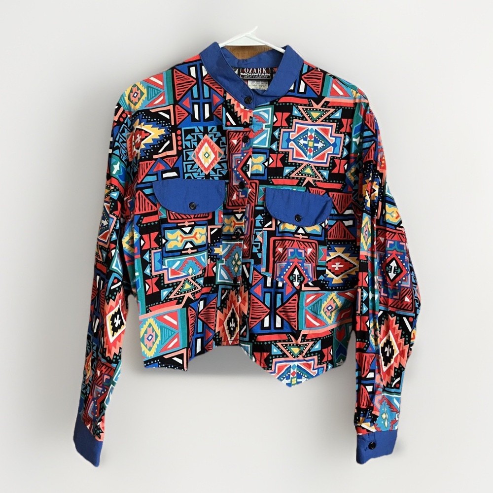 Vintage Ozark Mountain Shirt Women’s Large Southwestern Aztec Button Up 90s