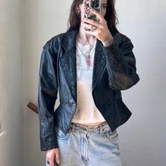 Vintage 80s Leather Jacket Black Avant Garde Cropped Biker Goth Embossed Large