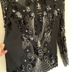 vintage oleg cassini M 100% Silk Heavy Beaded Long Sleeve Evening Jeweled Top