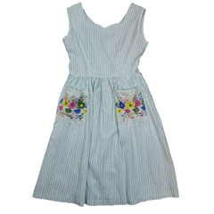 Vintage Carol Brent Sun Dress Mint Stripe Embroider Flower Pockets Belt Women 16