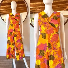Vintage 60’s Handmade Hawaiian Tiki Colorful Cotton Palazzo Jumpsuit Fits XS-S
