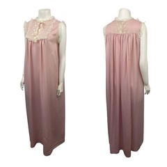 1960s 70s Pink Lace Nightgown Sheer Nylon Romantic Lingerie Womens M