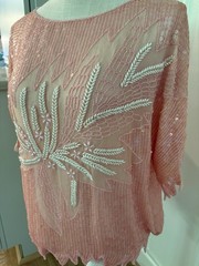 Vintage 80s Hand Beaded 100% Silk Top Pastel Pink Sequin. NWT!M Deadstock. India