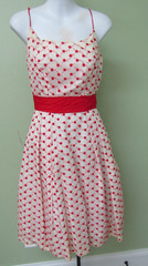 VINTAGE 1950’S WHITE CHIFFON CUPCAKE DRESS W/ RED FLOCKED POLKA DOTS / 32″ BUST