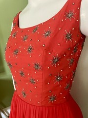 1950s Beaded Bold Orange Fit Flair Hollywood Glam Chiffon Party Dress VLV 34/26