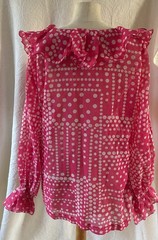 1970s Fashioned By Gregory Pink White Polka Dot Blouse Poly Blend Large