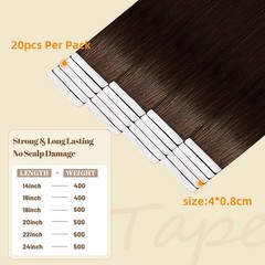DNE Tape in Hair Extensions Real Human Hair 20 inches 20Pcs/50g/Pack Seamless #2