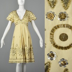 XXS Temperley Cream Dress Gold Silver Sequins Beading Leaf Applique Short Sleeve