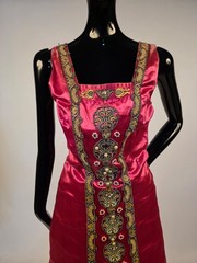 VICTORIAN LATE 1890’S PINK SILK SATIN DRESS W LAME EMBR + COLORED STONES + PEARL